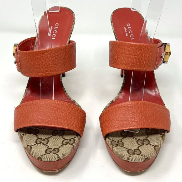 Gucci Logo Canvas Leather Bamboo Buckle Sandals Heels Brown Orange 38 - Picture 2 of 10